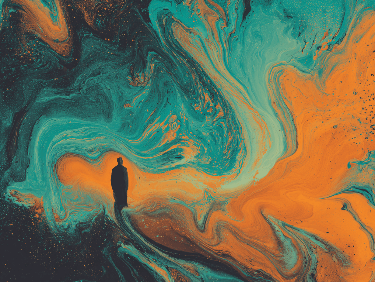 A silhouette of a person standing amidst vibrant swirling colours of teal and orange.